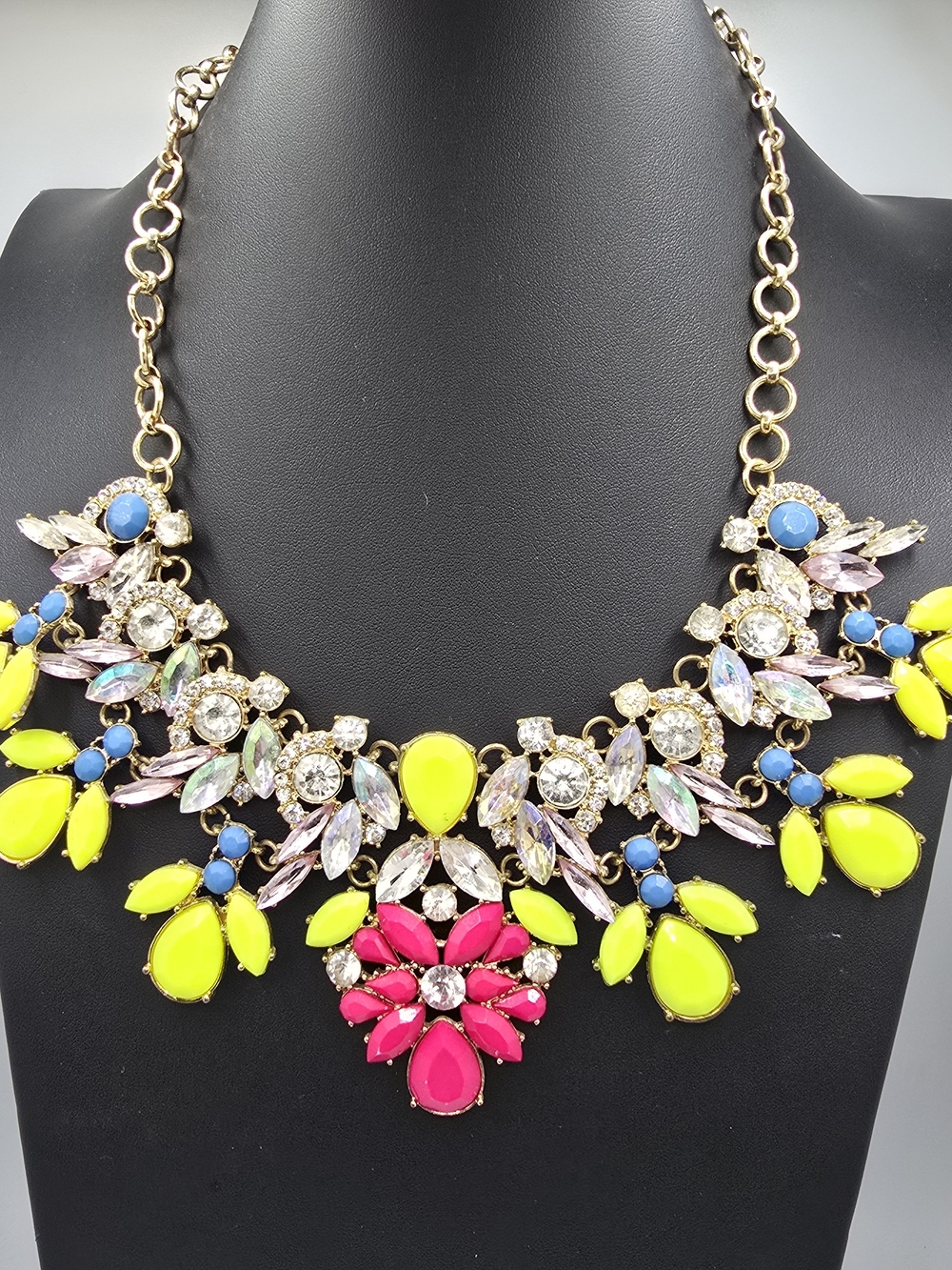 Neon Necklace Yellow Pink Blue Rhinestone Floral Statement Gold Tone Chunky Bold